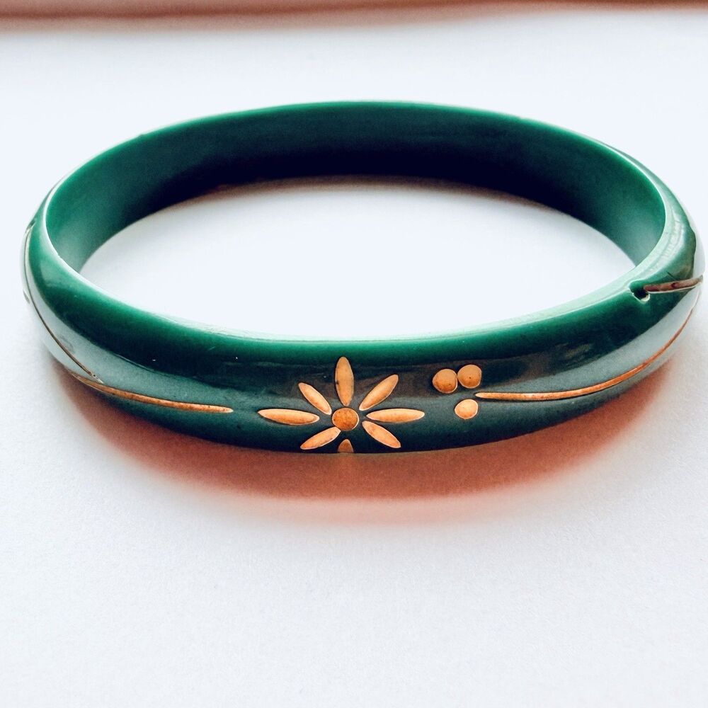 Vintage Teal Green Carved Bakelite Bangle Floral Design